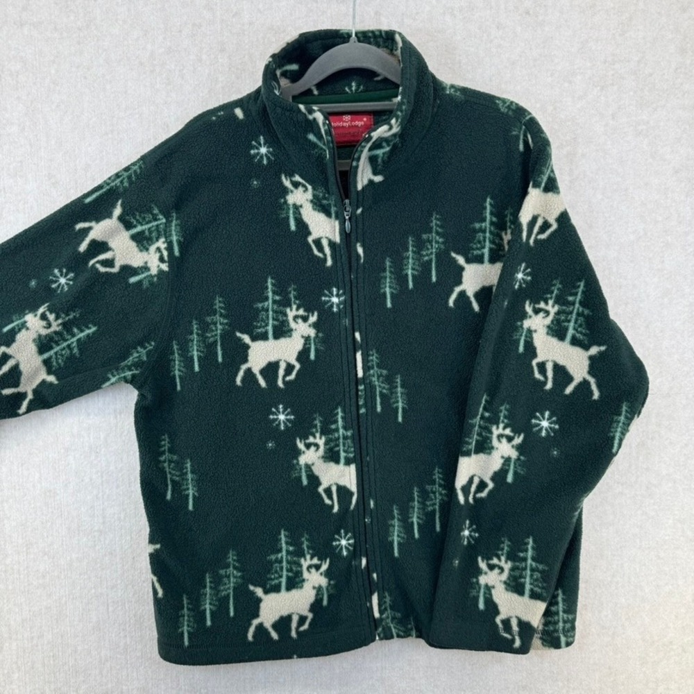 Vtg Holiday Lodge Fleece Jacket Womens Green Deer Tree Print Mock Neck Cozy